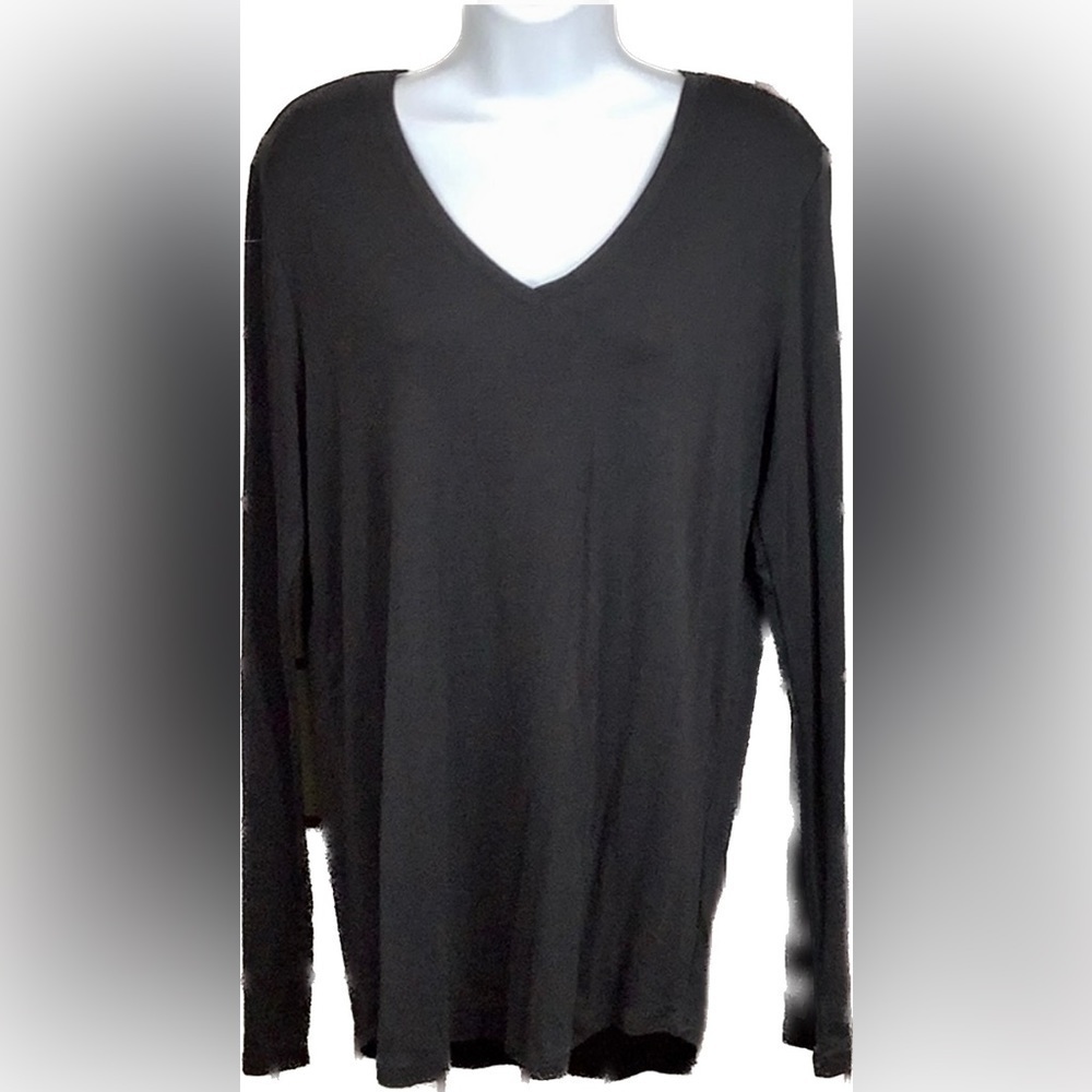 BCG XL Cotton Top Lightweight Long Sleeve Blouse Black Soft V Neck Stretch Shirt